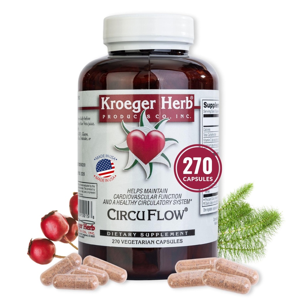 Kroeger Herb, Circu Flow, Holistic Heart Supplement and Circulation Health with Hawthorn Berry, Daily Circulation Supplement for Vascular Support with Hawthorn, Non-GMO, 270 Capsules, Made in USA
