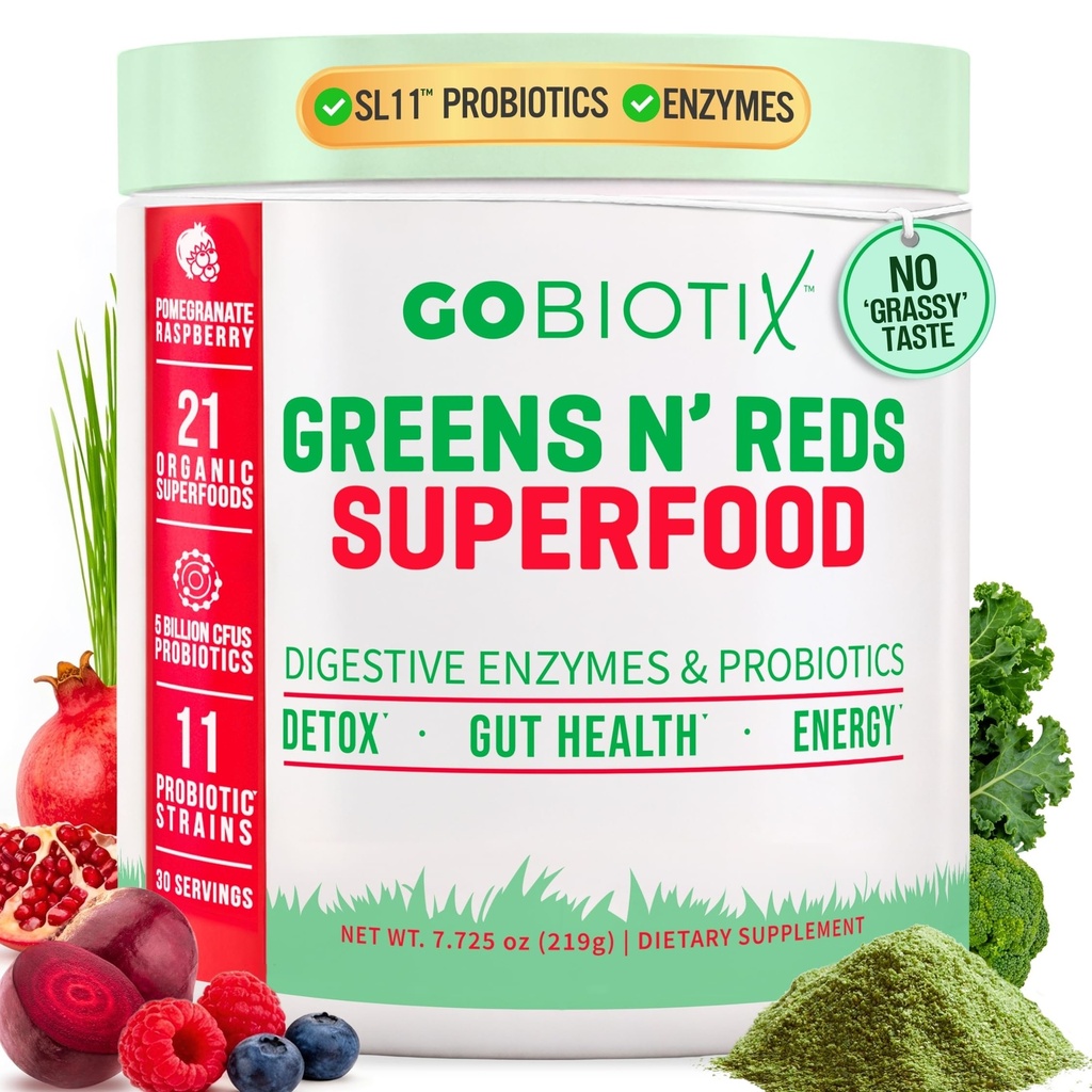 GOBIOTIX Super Verdes e Vermelhos Pó - Superalimento vermelho e verde - Suplemento Probiótico - Enzimas Digestivas e Raiz de beterraba Pó - Alimentos Orgânicos inteiros Suplemento dietético (Pom Framboesa, 1 pacote)