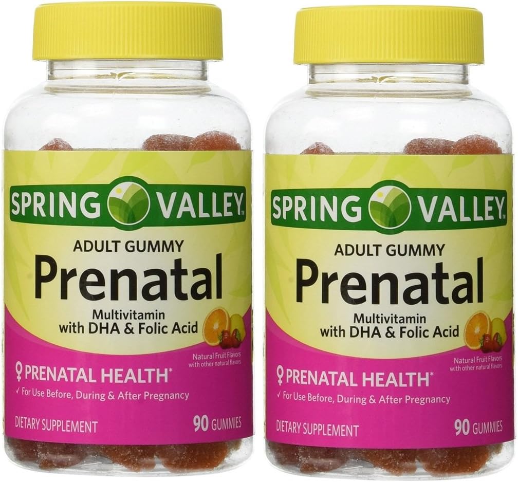 Polivitamino pré-natal adulto de Spring Valley com DHA e ácido fólico (Pacote de 2) 180 gomas Total