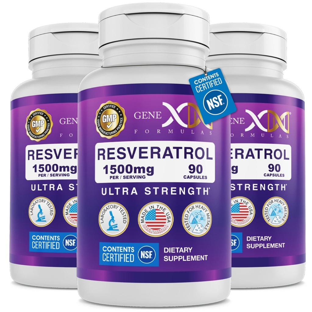 Genex Formulas 1500mg Resveratrol com BioPerine para Absorção (3 Pacote) Cápsulas Orgânicas Trans-Resveratrol de Algas Japonesas, Suplemento Antioxidante para Envelhecimento Saudável
