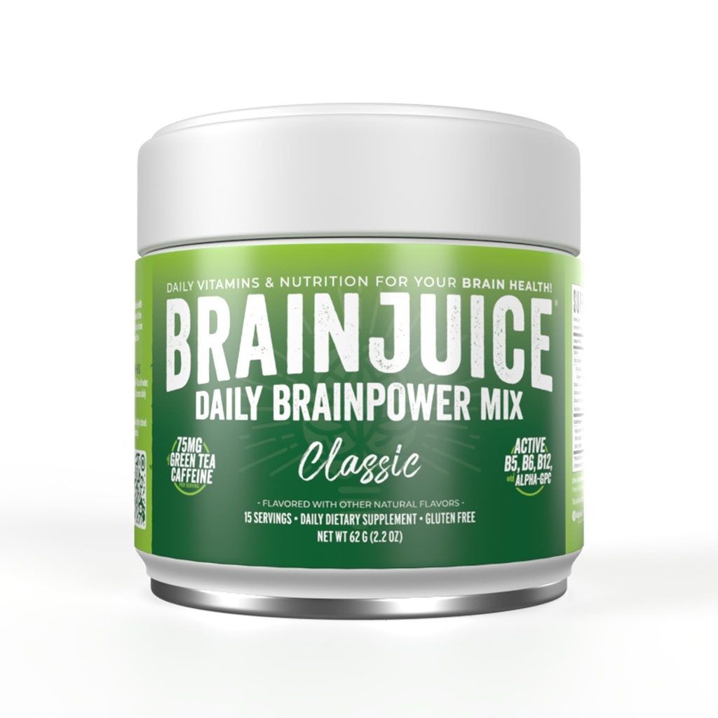 BrainJuice Nootropics Suplemento de suporte cerebral, Pó sem glúten para energia e foco, Bebida Mix com L Theanina, Alpha GPC, Vitamina B, Extrato de chá verde orgânico Cafeína, Classic, 15 Servings