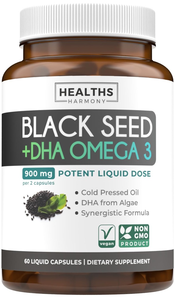 Cold-Pressed Black Seed Oil Cápsulas - Vegan não-GMO Nigella Sativa Black Seed Oil Suplemento com Omega 3 DHA para Full Body Wellness & Suporte Cérebro - Vegan Omega 3 & Thymoquinone-Rich (1 mês)