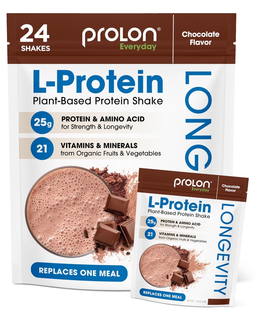 Prolon Longevidade planta base protein powder (Sintesis e reparos musculares, envelhecimento saudável, aumento do desempenho, vitaminas, sem glúten, aminoácidos, antioxidantes, 25g de proteína, chocolate, 24 pacotes
