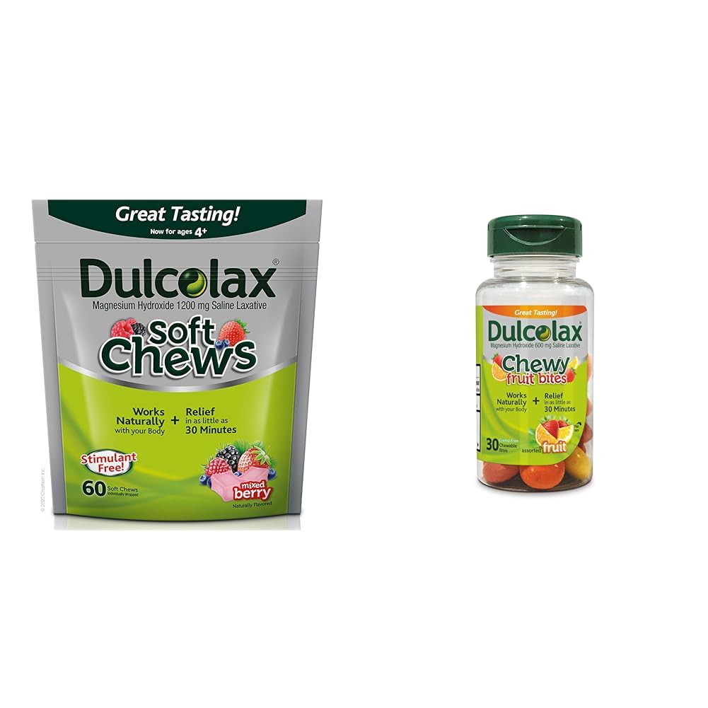 Dulcolax Soft Chews Saline Laxative Mistured Berry (60ct) Gentle Obstipation Relief, Magnésio Hydroxide 1200mg & Chewy Fruit Bites, Saline Laxative, Fruit Assorted (30ct) Cramp-free Obstipation Relief