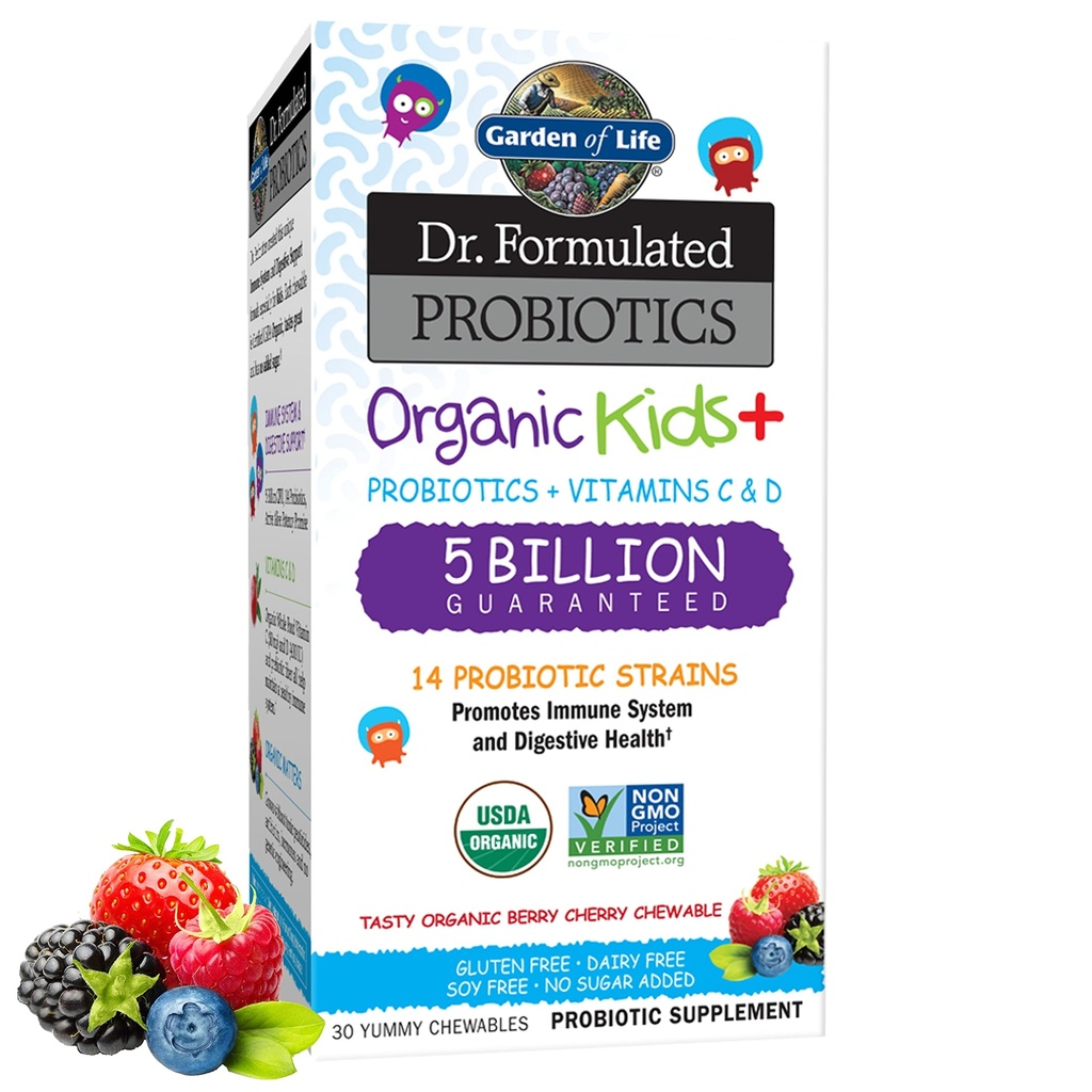 Jardim da Vida Crianças Probióticos, Dr. Formulado Probióticos Orgânicos Crianças+ Vitamina C & D, Cereja de Berry, Leite Glúten & Soja Livre Imune & Digestive Health Supplement, 30 Chewables