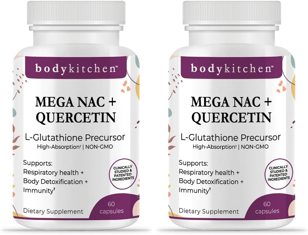 Body Kitchen Mega NAC (N-Acetil Cysteine) 600 mg com Quercetina, Suporta Saúde Respiratória e Imune Função e Promove Detox Fígado e Rim, Veggie Caps, (Pacote de 2)