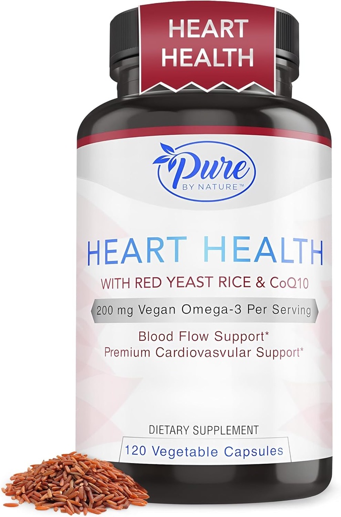 Pure By Nature Red Yeast Rice with CoQ10 Supplement for Men & Women, 200mg Vegan Omega 3 Per Serving, Gluten-Free Non-GMO, 120 Cápsulas
