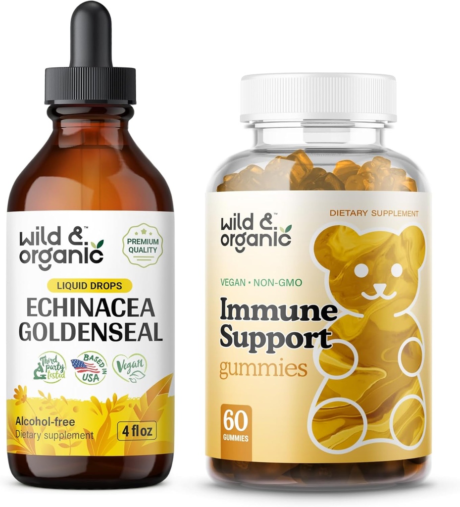 Selvagem e orgânica Echinacea Goldenseal Tintura 4 fl oz & Imune Gummies de suporte
