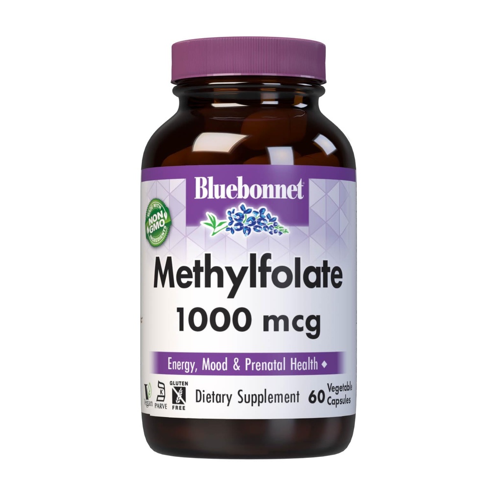 BlueBonnet Nutrition Metilfolato 1000 mcg, para a energia, humor e saúde pré-natal*, Não-GMO, Vegan, Kosher certificado, Glúten-livre, 60 Cápsulas vegetais, 60 Servings