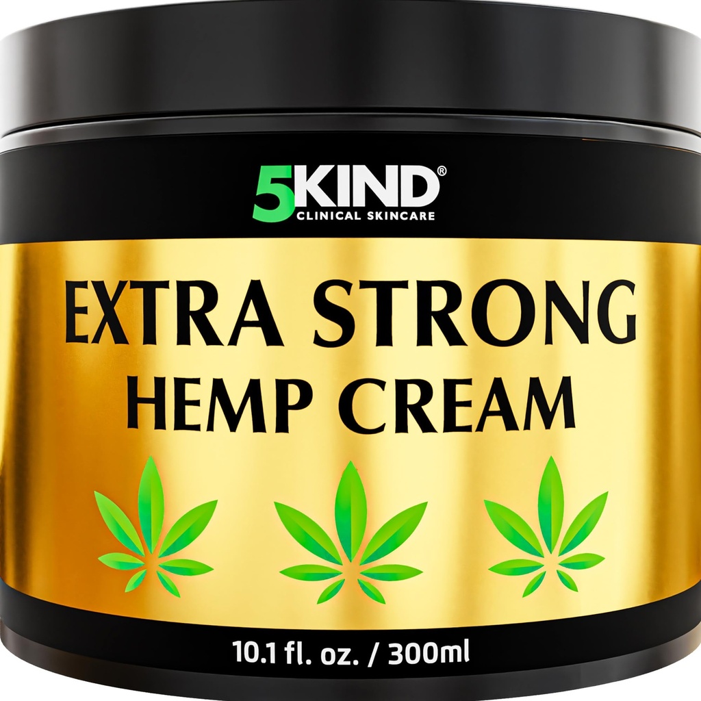 5kind Extra Strong cânhamo Creme 10,1 fl oz - Força máxima - Natural Alivio Alivio Creme comum - Esfregue muscular para as costas inferiores, articulações, pescoço, joelhos e ombros