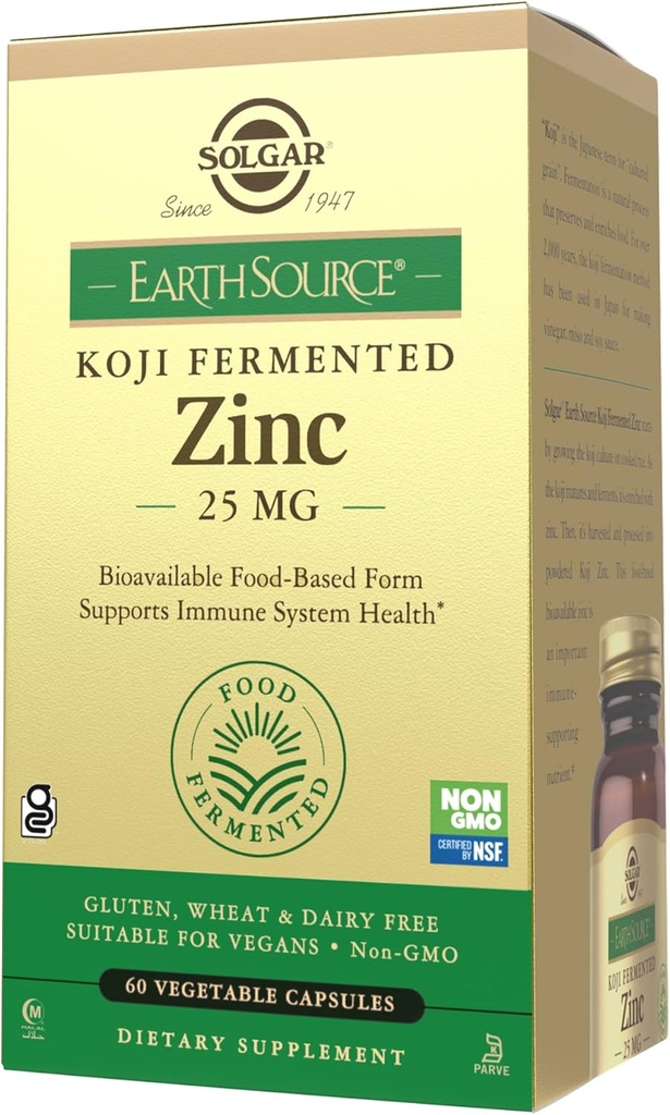 Solgar Terra Fonte de Alimentos Fermentados Koji Zinc 25mg, 60 Cápsulas Vegetais - Maior Absorção, Zinco Biodisponível para Imune & Saúde da Pele - Não-GMO, Vegan, Glúten No, Leite No, Kosher - 60 Servings