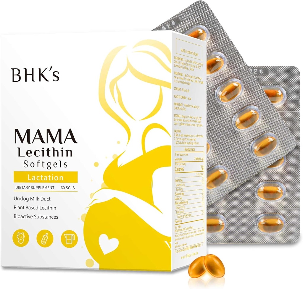 Mama Lecithin Softgels de BHK, Dutos de seio unclog para amamentação mais suave, Suplemento para gravidez, Evite Dutos de leite entupidos, 60 softgels, 2 semanas de fornecimento