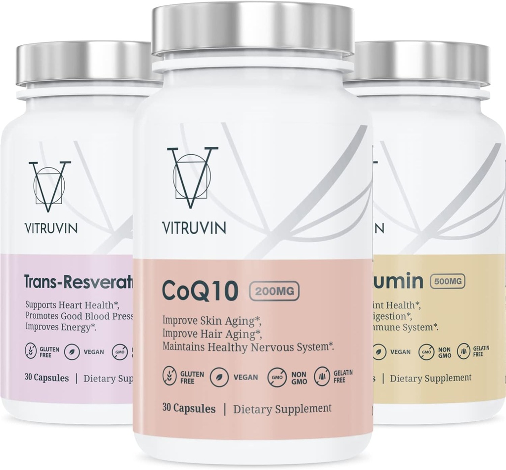 Vitruvin Beauty + Comfort Pack COQ10 200mg + Trans- Resveratrol 500mg + Curcumin 500mg, Vegan, Não-GMO, Sem glúten, Gelatina-Livre. Pele saudável, Ouvir, articulações e cérebro