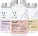 Vitruvin Beauty + Comfort Pack COQ10 200mg + Trans- Resveratrol 500mg + Curcumin 500mg, Vegan, Não-GMO, Sem glúten, Gelatina-Livre. Pele saudável, Ouvir, articulações e cérebro