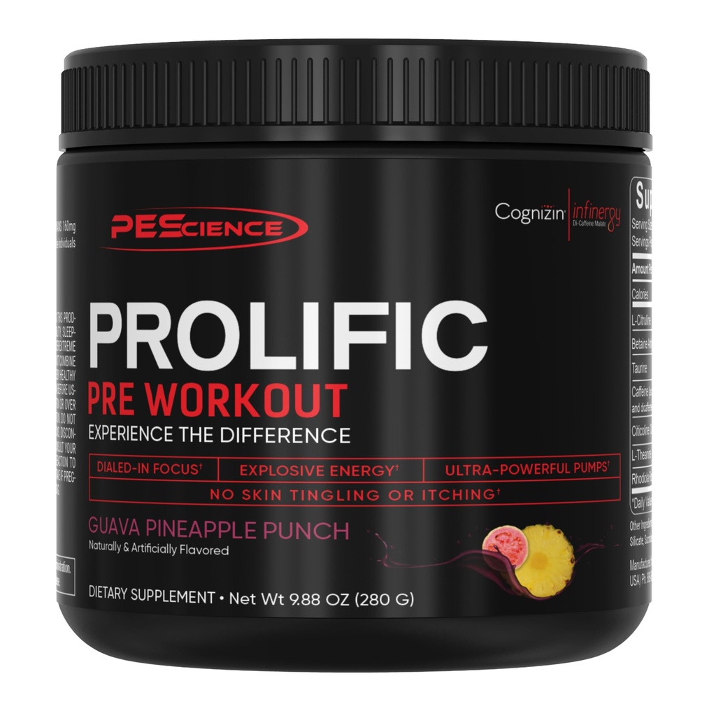 PEScience Prolífico pré-treino em pó para homens e mulheres com L-Citrulina Nitric Oxide Booster, Energy Powder & Nootropic para Focus – Pré-treino sem Beta Alanine – 40 Scoops, Guava Abacaxi Punch