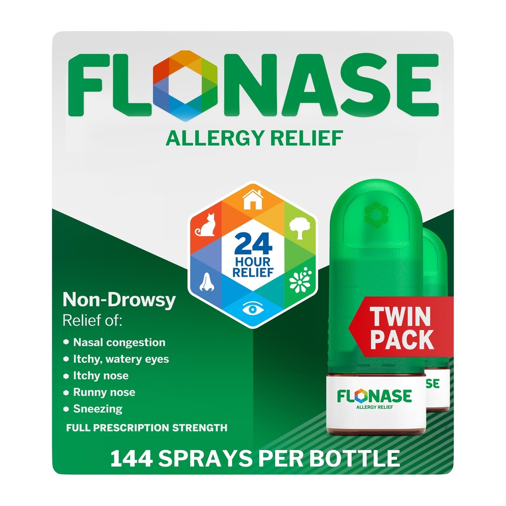 Fluonase Alergia Alergia Pulverização nasal, 24 horas Não Drowsy Alergia Medicina, Pulverização nasal medida - 144 Sprays (Pacote de 2) - Fall and Sazonal Alergy Relief