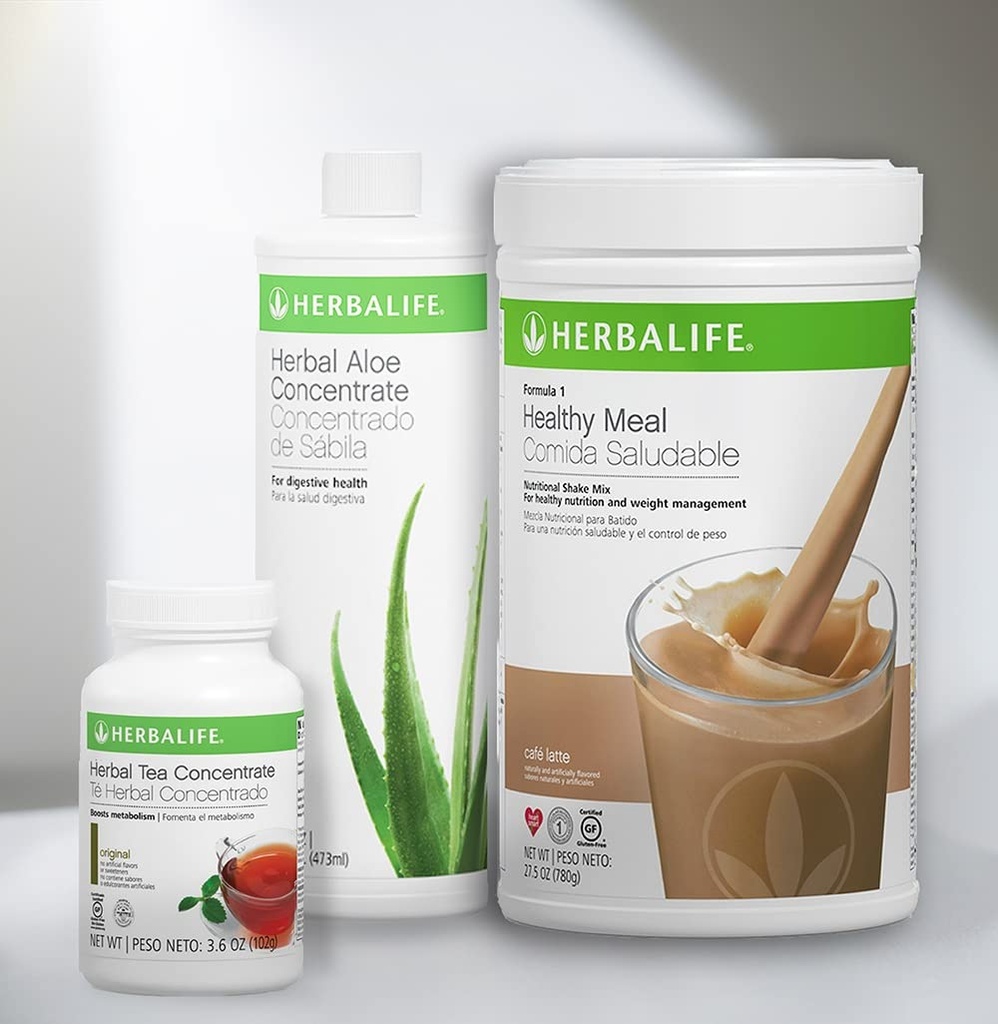 Trio Combo HERBALIFE Fórmula 1 Mistura de Shake Nutricional Saudável (Cafe Latte 780g)-Herbal Aloe Concentrate Pint (Original 473ml) - Concentrado de Chá de Ervas (Original 102g)