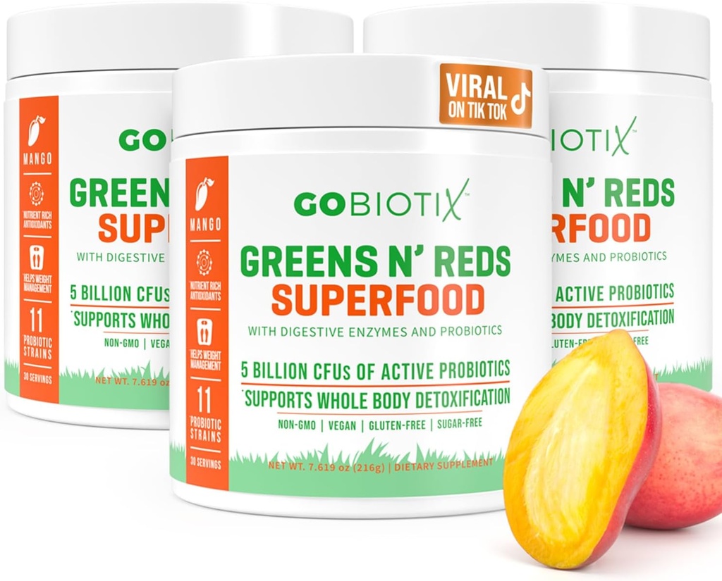 GOBIOTIX Super Greens and Reds Powder - Red and Green Superfood - Suplemento Probiótico - Enzimas Digestivas e Raiz de beterraba em pó - Alimentos Orgânicos inteiros Suplemento dietético (Mango, 3 Pack)