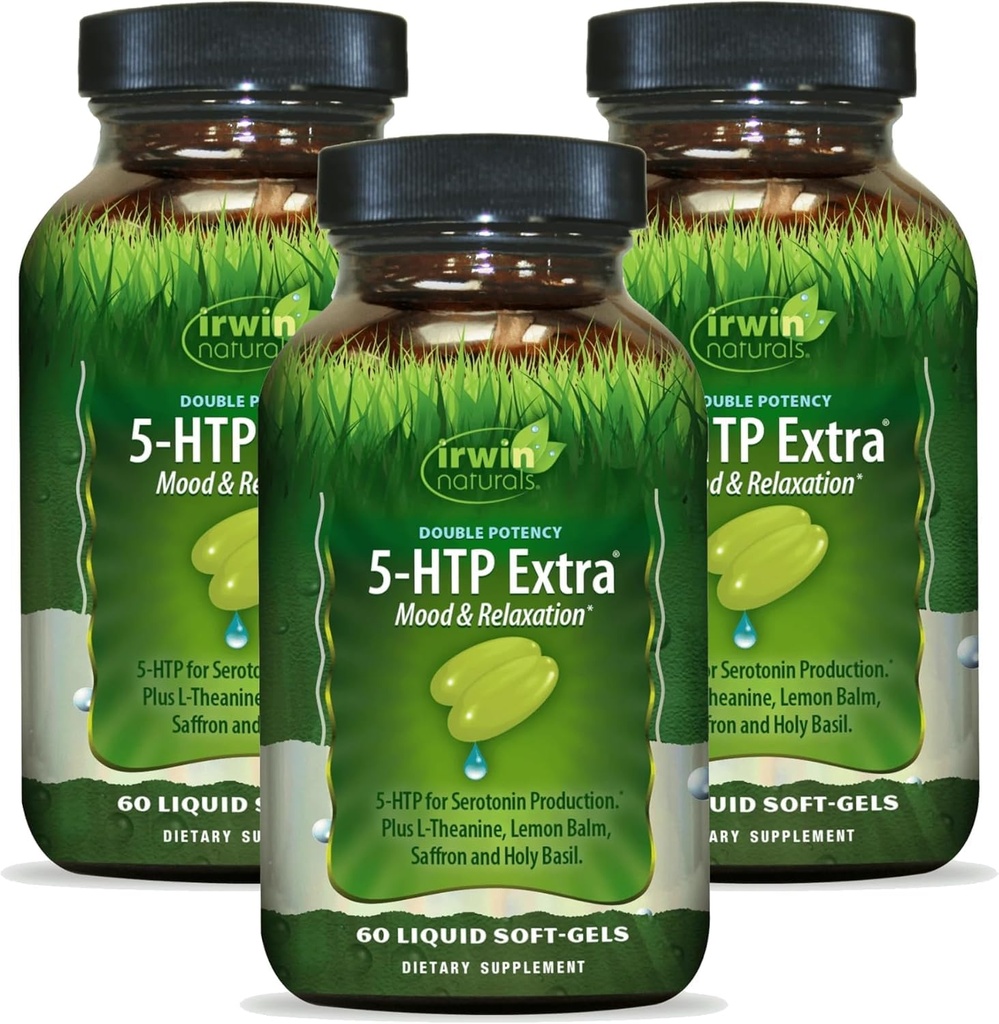 Irwin Naturals dupla potência 5-HTP extra - 60 líquidos macios-Gels, pacote de 3 - para relaxação e produção de serotonina - 90 Total Servings