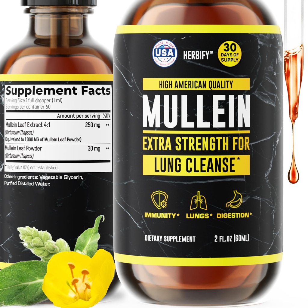 HERBIFY Mullein Extract 2 oz Tintura para Saúde Respiratória, Folha de Mullein e Flores Mistura (Verbascum Densiflorum)