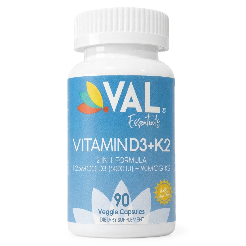 VAL Vitamina D3 + K2 (MK-7) 5000 UI e 90 mcg – Apoio à saúde óssea e cardíaca – Alta potência, não-GMO, Fácil de engolir – 90 cápsulas Vegan – D3 K2 Suplemento Made in USA