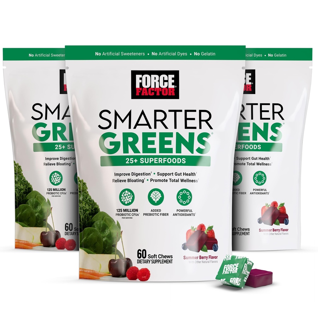 FORCE FACTOR Verdes Mais inteligentes Superfood Chews, 3-Pack, Greens e Superfoods com Probióticos, Antioxidantes e Fibra, Greens Supplement para apoiar Digestion, Óxido nítrico e Energia, 180 Chews