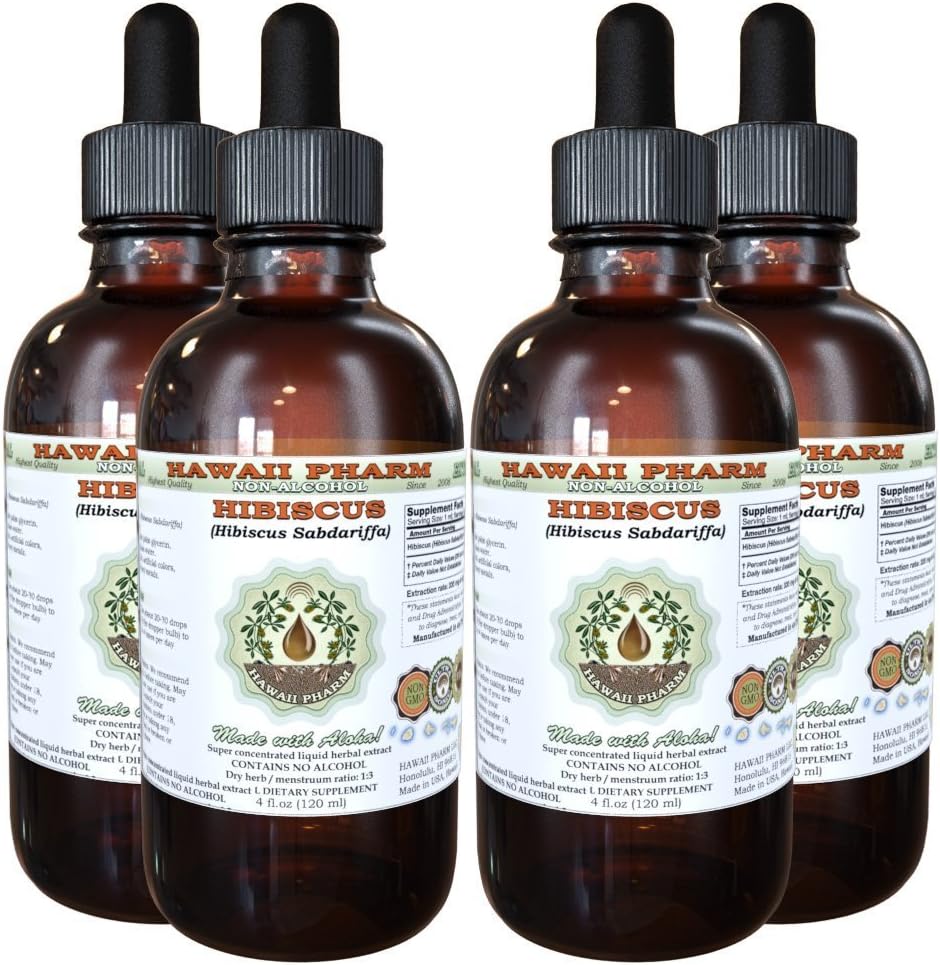 Hibisco extrato líquido sem álcool, Hibisco orgânico (Hibisco Sabdariffa) Glicerite de flor seca Havaí Pharm Suplemento de ervas naturais 4x4 oz
