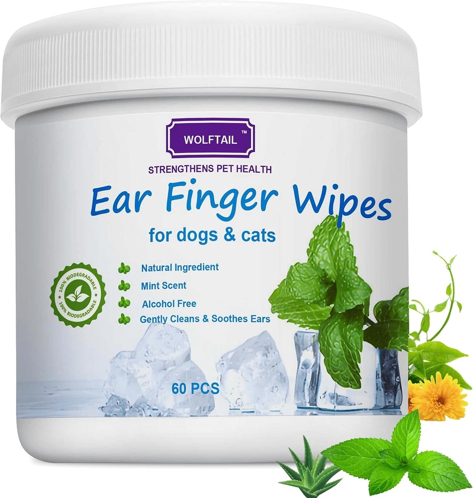 Toalhitas para cães e gatos, 60 Contagem Grande Tamanho - Remover suavemente Cera de Ouvido, Debris - Apazigua & Desodoriza - Aliviar Coceira de Ouvido & Inflamação, Fresco cheiro de coco