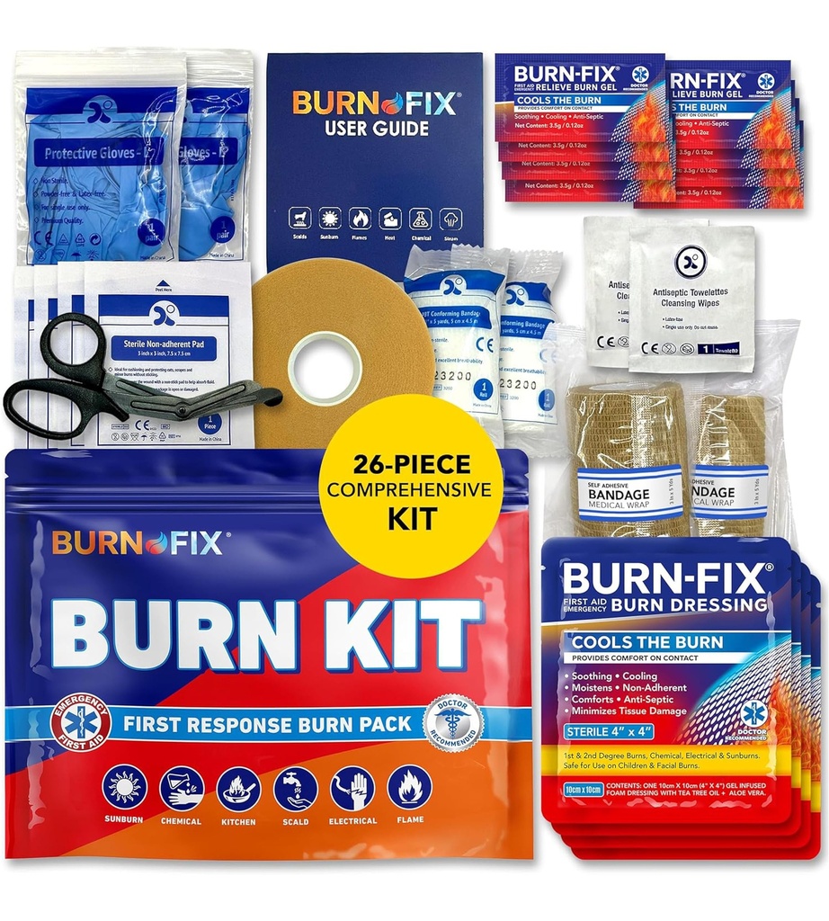 BurnFix® Burn Kit Primeiros Socorros para Queimaduras Emergência – Tratamento de Queimadura 26-Piece com Gel de Refrigeração, Dressings & Gloves – Cozinha, Sunburn, Alivio Químico e Escaldado – Casa, Escritório, Viagens