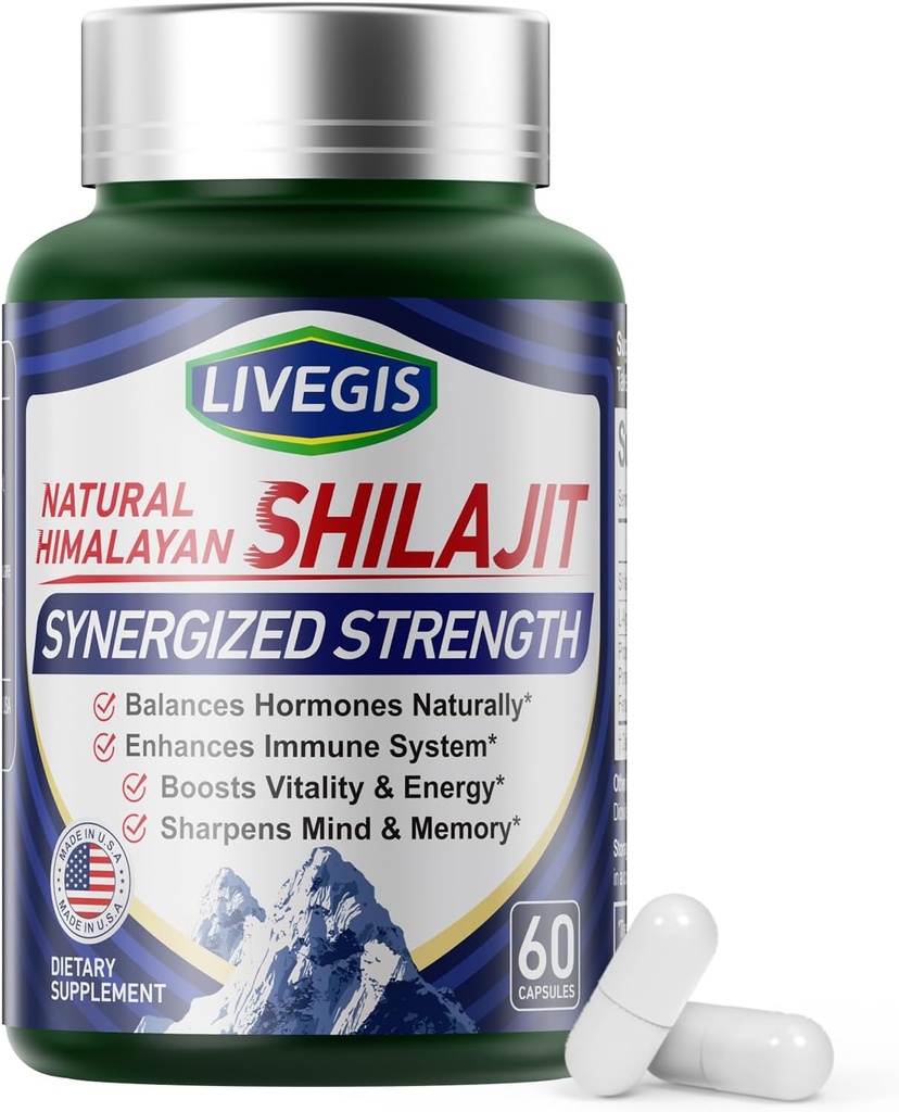 Himalayan Shilajit Cápsulas Equilíbrio Hormônios, Aumentar Imunidade, Aumentar Vitalidade e Memória, Suplemento de alta potência com vários ingredientes,Não-GMO Natural & Orgânico - 60 Condes