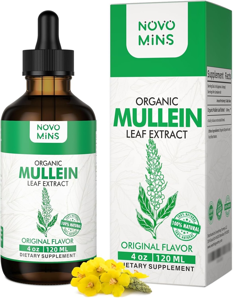 Tintura de Folha de Mullein - Lung Cleanse - Vegan Detox Pulmão - Saúde Respiratória e Imune Suporte Drops - Suplemento Natural Extrato Líquido 4 fl.oz. Clorofila