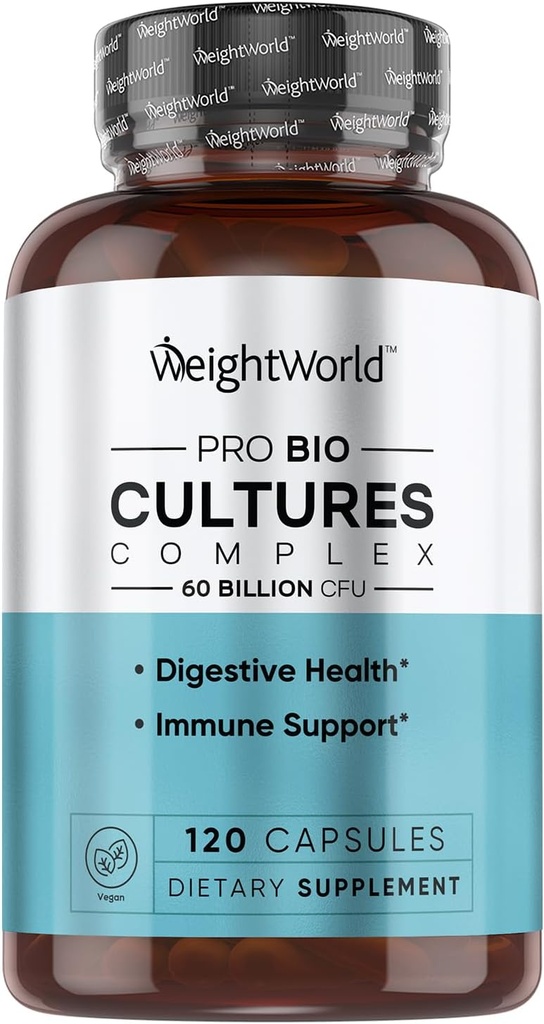 WeightWorld Bio Cultures Complex - Probiótico para mulheres e homens - Laboratório de terceira parte testado - 120 cápsulas Vegan (2 meses de fornecimento) - 60 bilhões de UFC com 20 probiótico Strains - Vegan, Não-GMO & Gluten-Free