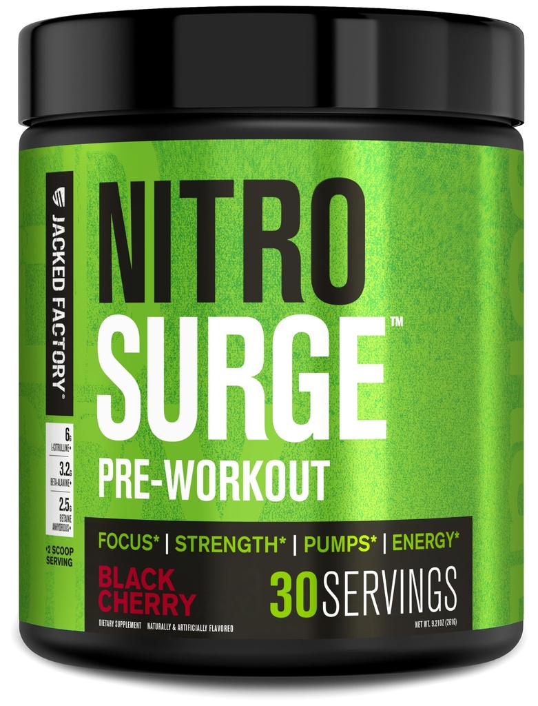 Fábrica Jacked NITROSURGE Pre Treino Suplemento - Energia sem fim, Ganhos de força instantânea, claro foco e bombas intensas - NO Booster e poderoso pré-treino Energia Pó - 30 Servings, Black Cherry