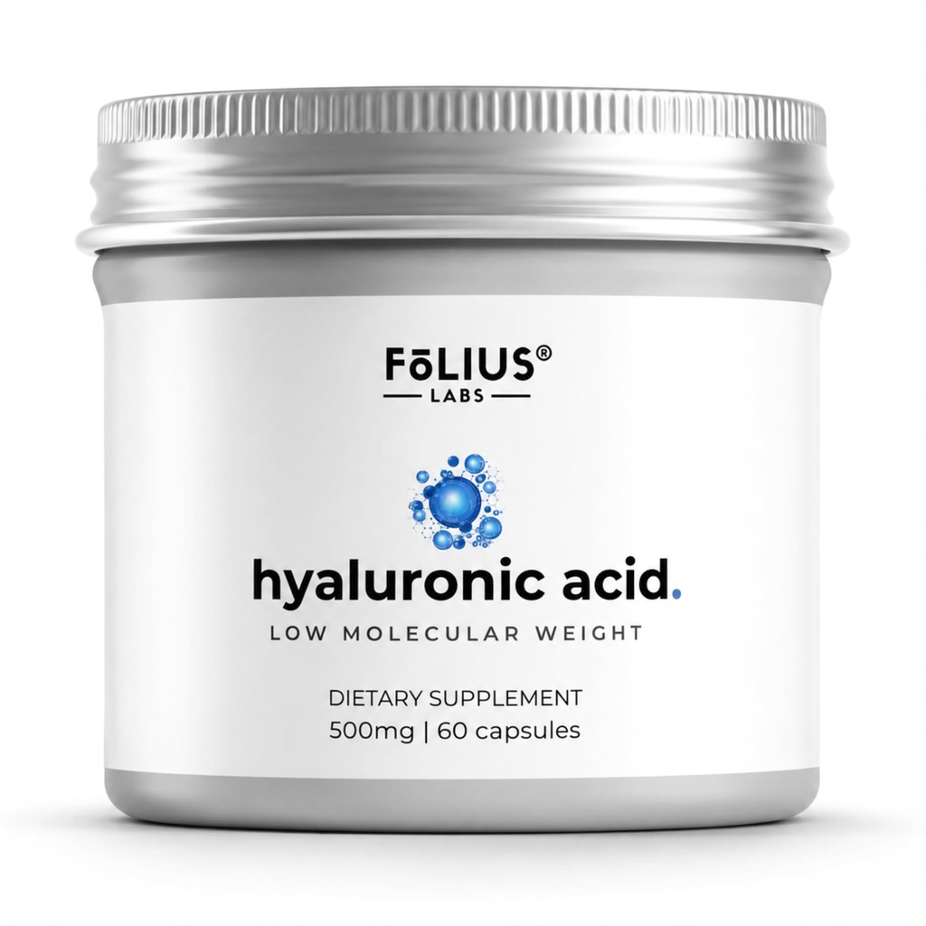 Cápsulas Ultra Alta Pureza Ácido Hialurônico 500mg - 95% Hialuronato de Sódio - Altamente Purificado e Biodisponível - Baixo Peso Molecular - Não-GMO Fermentado - 60 Cápsulas