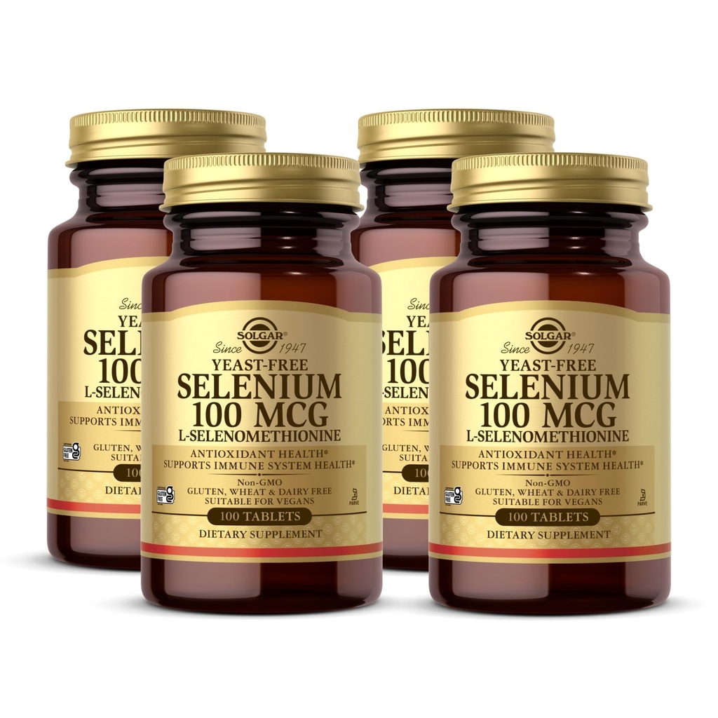 Solgar Selenium 100 mcg-100 comprimidos, pacote de 4 - Suporta Antioxidante e Imune Sistema Saúde - Não-GMO, Gluten Free, Dairy Free, Kosher - 400 Total Servings