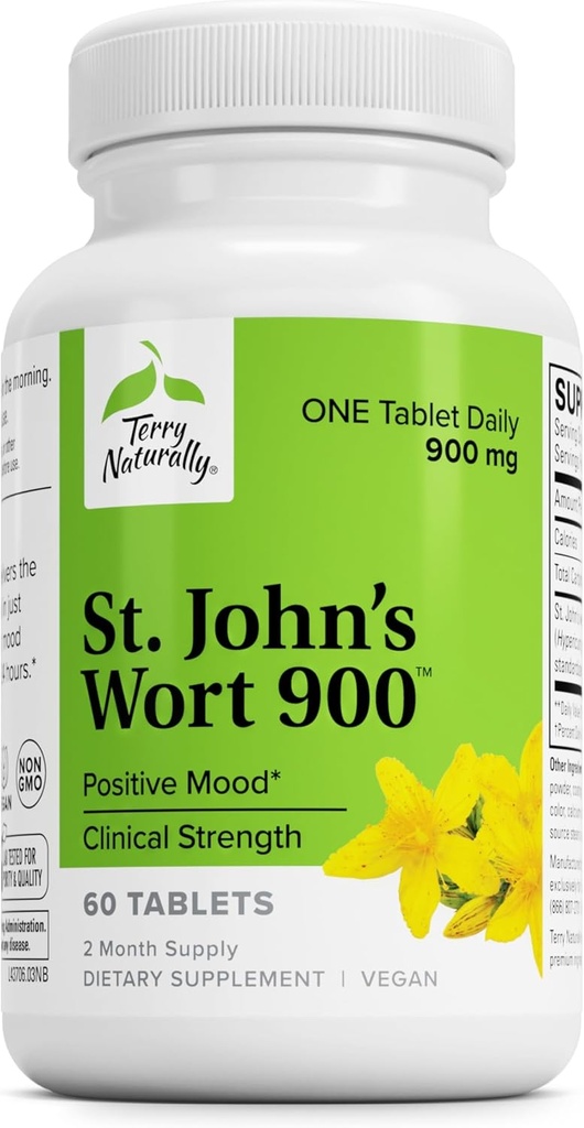 Terry Naturalmente St John's Wort 900-60 Comprimidos - Fornece dose clínica completa - Não-GMO, Vegan, Gluten Free - 60 Servings