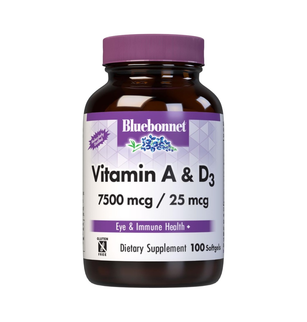 Bluebonnet Nutrition Vitamina A & D3 25.000 UI/1.000 UI de Mar Profundo, Água Frio, Óleo de Peixe - Para a Saúde dos Olhos e Função Imunitária* - Glúten Livre - Leite Livre - Molecularmente Destilado - 100 Softgel/Servições