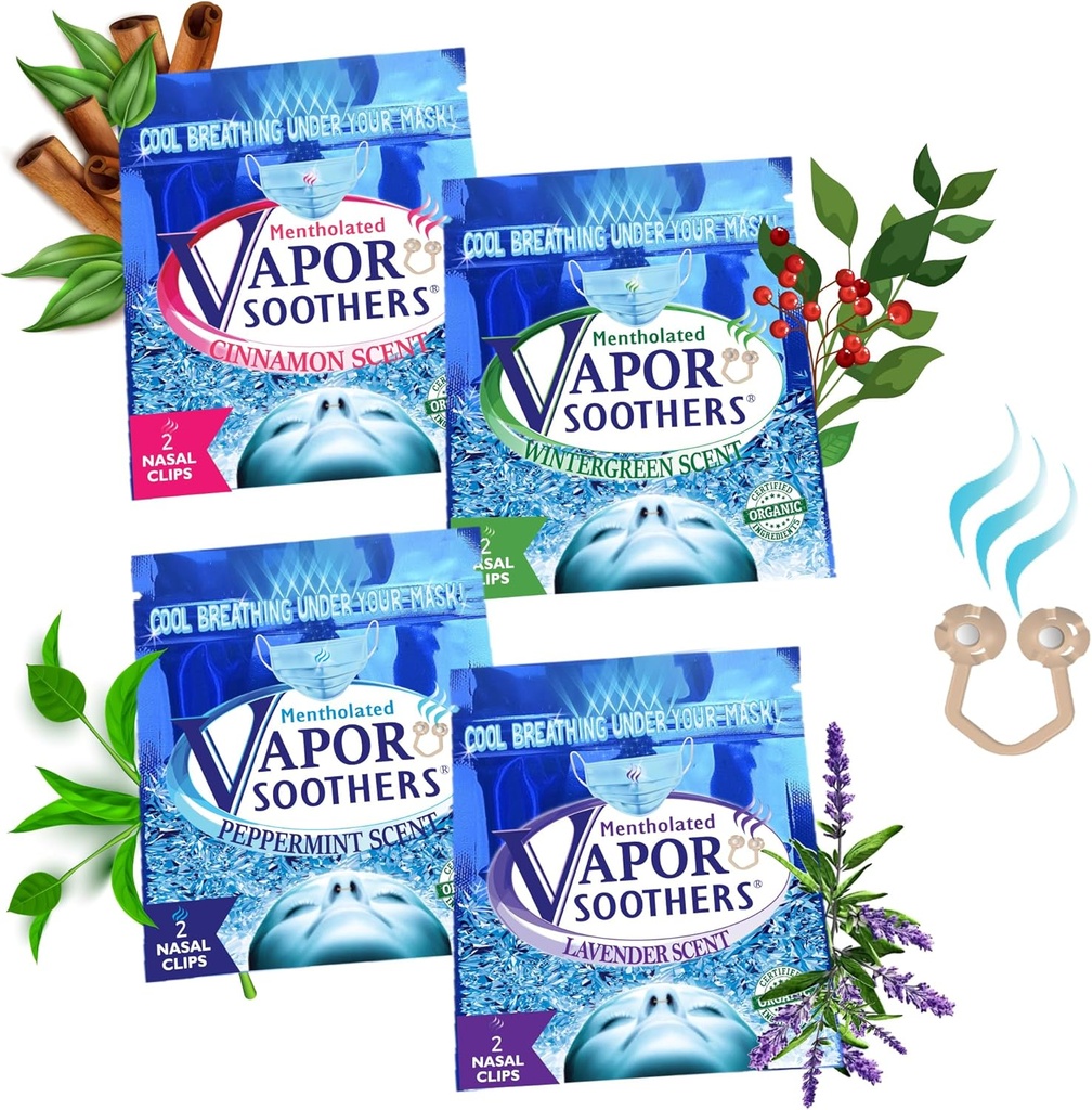 Dilatadores nasais, Cool & Easy Breathing Sob sua máscara, Pacote de variedades 4-Scent (Menta de Pepper, Wintergreen, Canela, Lavanda), 8 Conde, Relívio de congestão nasal instantânea, Sem drogas