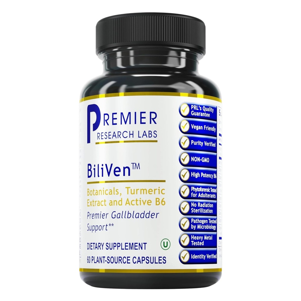 Premier Research Labs BiliVen -Bíblia Gall & Suplemento de limpeza de fígado, pílulas de suporte de vesícula biliar com extrato de alcachofra, cardo de leite, Vitamina B6, raiz de beterraba, Turmérica, Curcumina- 60 Cápsulas vegetarianas