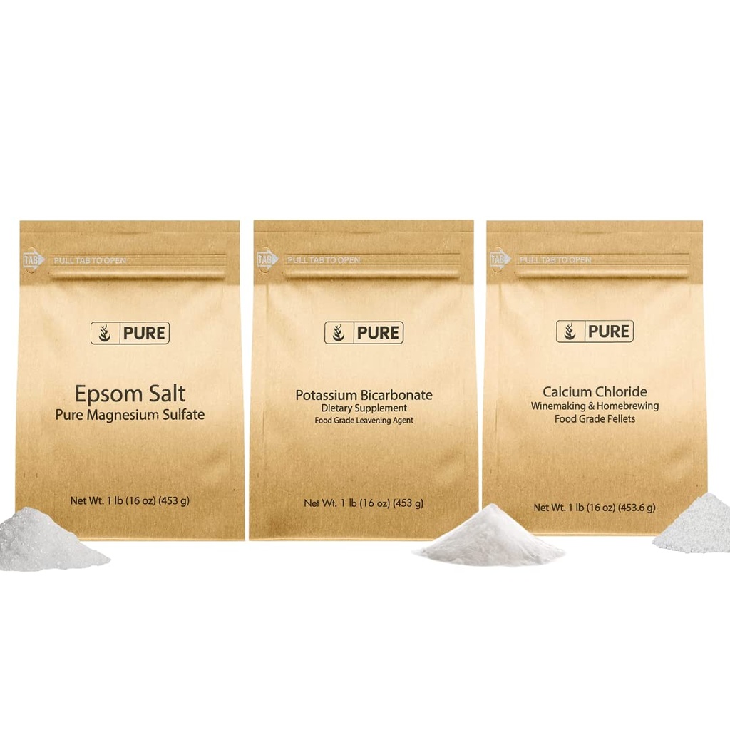 Ingredientes Puro Original Bicarbonato de potássio, Cloreto de cálcio, & Epsom Sal Bundle, (1lb) Alimentos Seguros, Limpeza e Cozinha