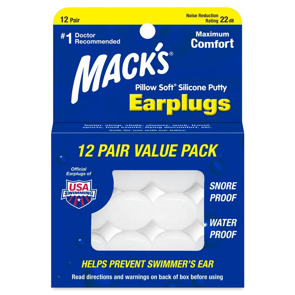 Pillow Mack Soft Silicone Earplugs, 12 Pair – As Plugs Original Moldable Silicone Putty Ear Plugs para dormir, ronco, natação, viagens, concertos e estudos .