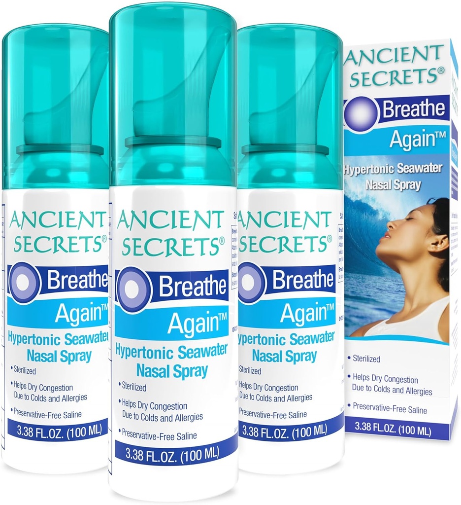 SECRETOS ANTERIORES Pulverizador Salino Nasal - Respiração de novo Spray nasal de água do mar hipertônico, Alergia e alívio do sinusal, Hidratante de congestão nasal, 3,38 Fl Oz (Pacote de 3)