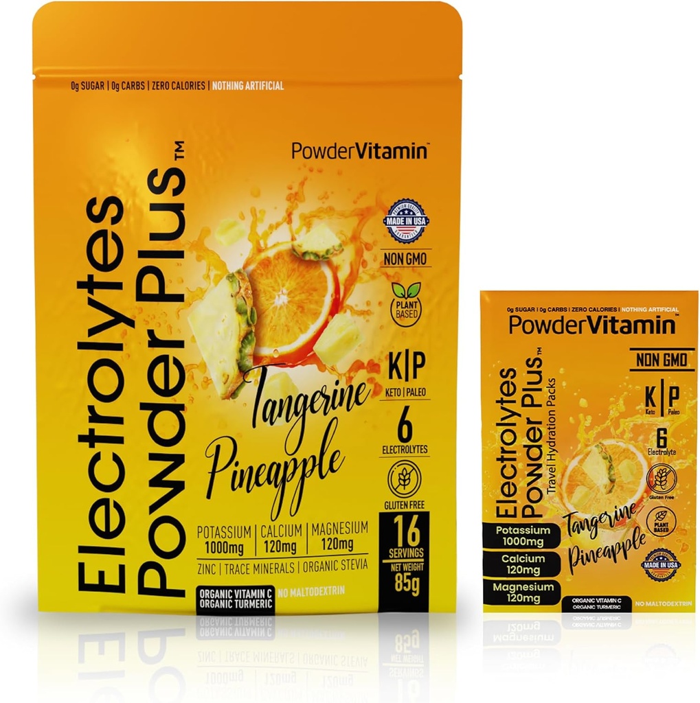 PóVitamina Eletrólitos Pó Plus, Keto, Abacaxi Tangerina, Livre de Açúcar, Sal de Himalaia Rosa, 1000mg Potássio, 120mg Cálcio, 120mg Magnésio, Não-GMO, Zero Calorias, (16Hidração Packets)