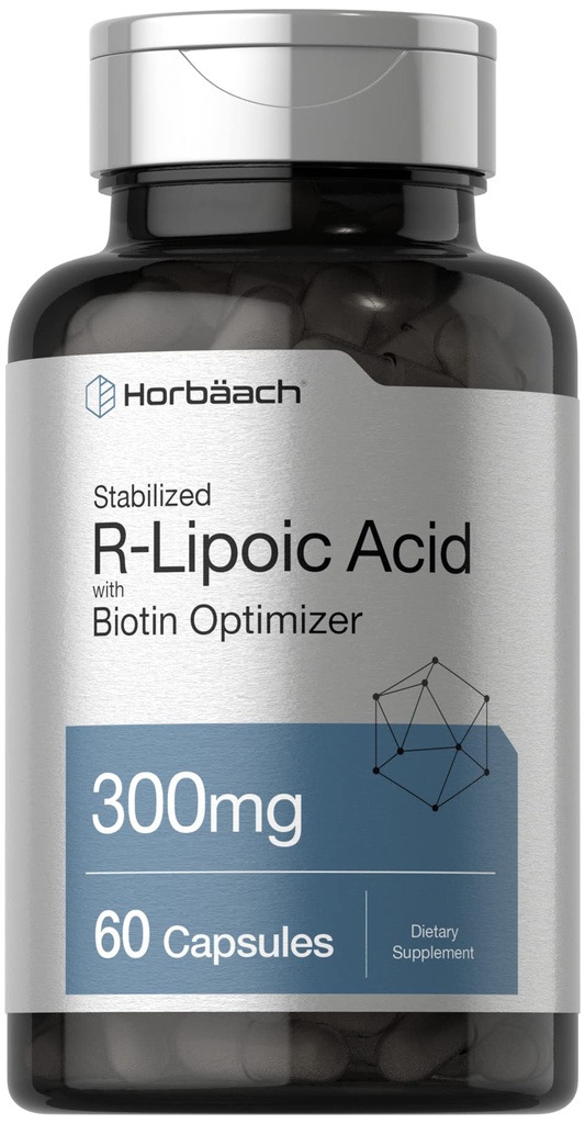 Horbäach Ácido R-Lipoico Estabilizado 300mg ou 60 Cápsulas com Otimizador de Biotina Não-GMO, Suplemento Na-RALA