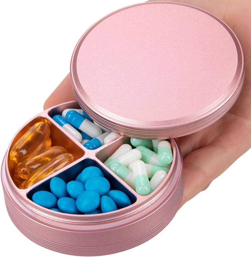 Metal Pill Organizer 4 Compartimentos - Portátil caso de comprimido de viagem diário, caixa de pílulas impermeável para bolsa, Compact Pill Holder Medicine Container Dispensers for Vitamina Cod Suplemento de óleo de fígado rosa