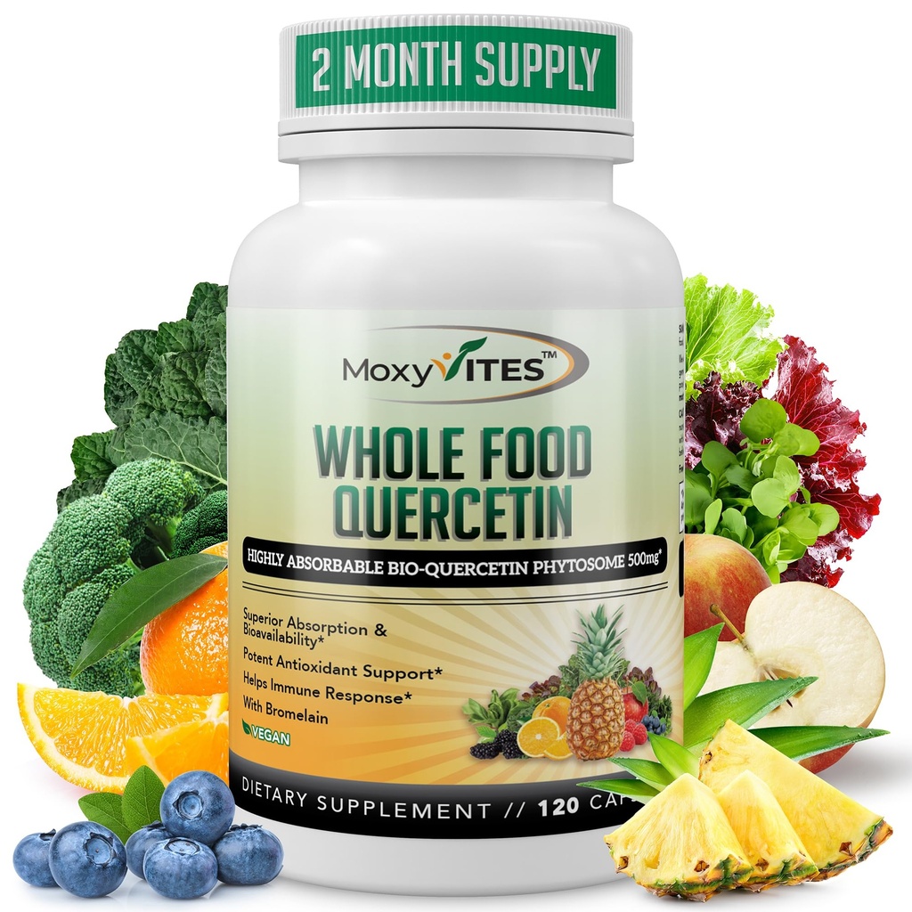 MoxyVites Quercetina com Bromelain 500mg Suplemento - Complexo de Fitossoma Bioativo, Suporte Sazonal de Alimentos Orgânicos Puros, Antioxidante, 20X Absorção e Biodisponibilidade-120 Caps