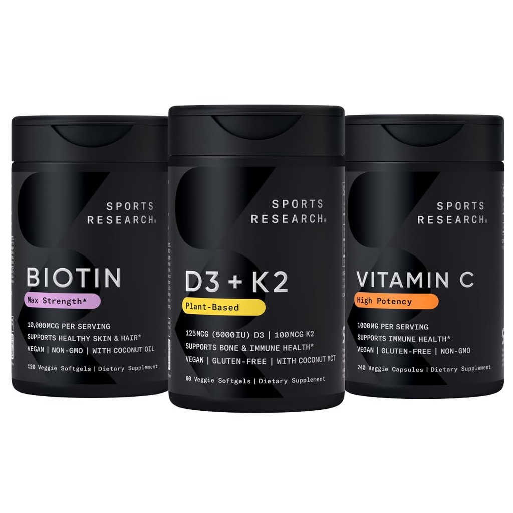 Esportes Pesquisa Vitamina D3 5000iu K2 100mcg, Vegan Biotin 10.000mcg com óleo de coco e alta potência Suplemento de vitamina C 1000mg