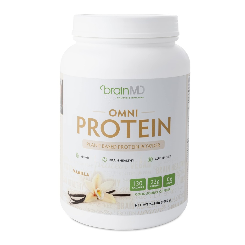 BRAINMD Dr Amen Omni Protein Vanilla - 2,38 lbs - Pó de proteína baseada em plantas - Promove a recuperação de energia e exercício - Vegan, Vegetariano, Açúcar Livre, Sem glúten - 30 Servings