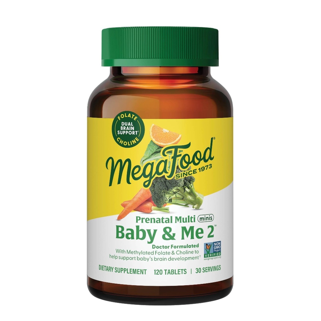 MegaFood Baby & Me 2 Múltiplos Minis pré-natais - Vitaminas pré-natais para mulheres com folato de colina e metilo - Gluten-Free, Vegetarian, Pré Natal Multivitamin para mulheres – 120 Minis Tablets, 30 Servings
