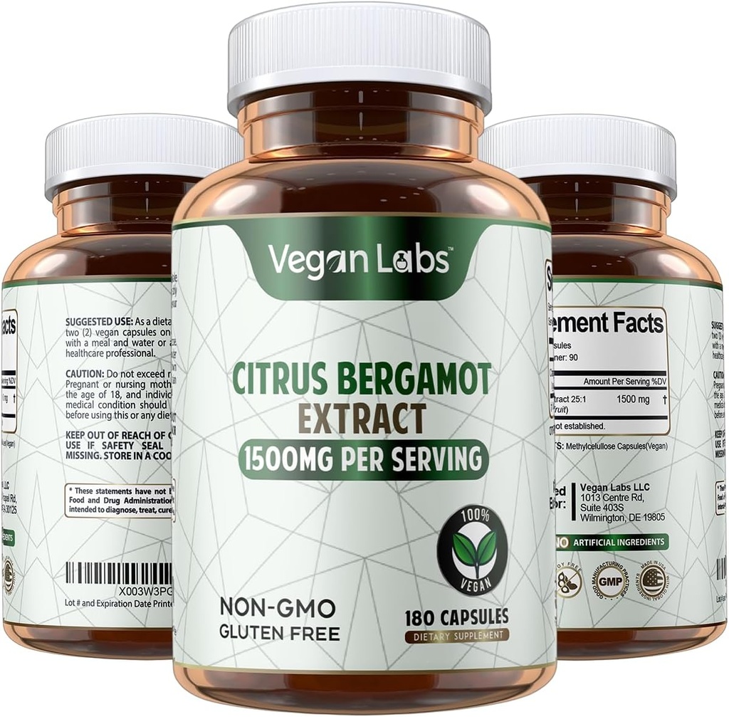 Vegan Labs Citrus Bergamot Extract 1500MG- 180 Vegan Cápsulas- 25:1 Citrus Bergamia Extract- Suporta Saúde Geral e Proteção Antioxidante- Glúten Livre, Não-GMO